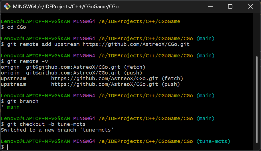 截图:Git Bash 查看分支并新建切换到 tune-mcts 分支