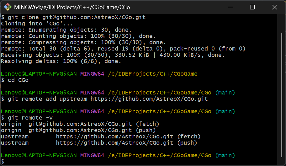 截图:Git Bash 添加 upstream 并查看远程仓库