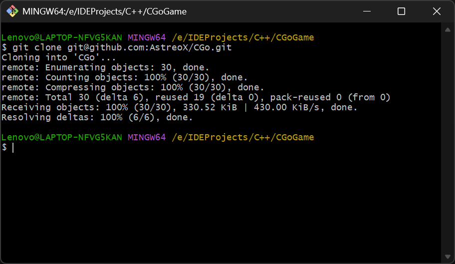 截图:Git Bash 显示 git clone 克隆 CGo 的进度输出