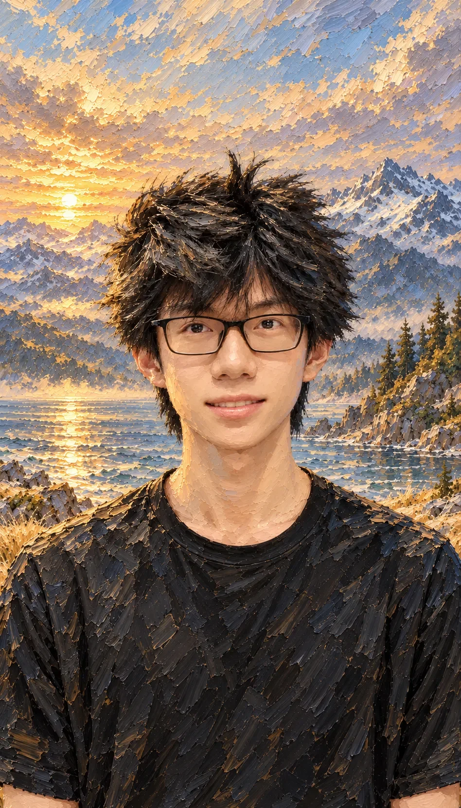 插画:戴眼镜、穿黑色 T 恤的 AstreoX,背后是海、雪山和低垂的太阳